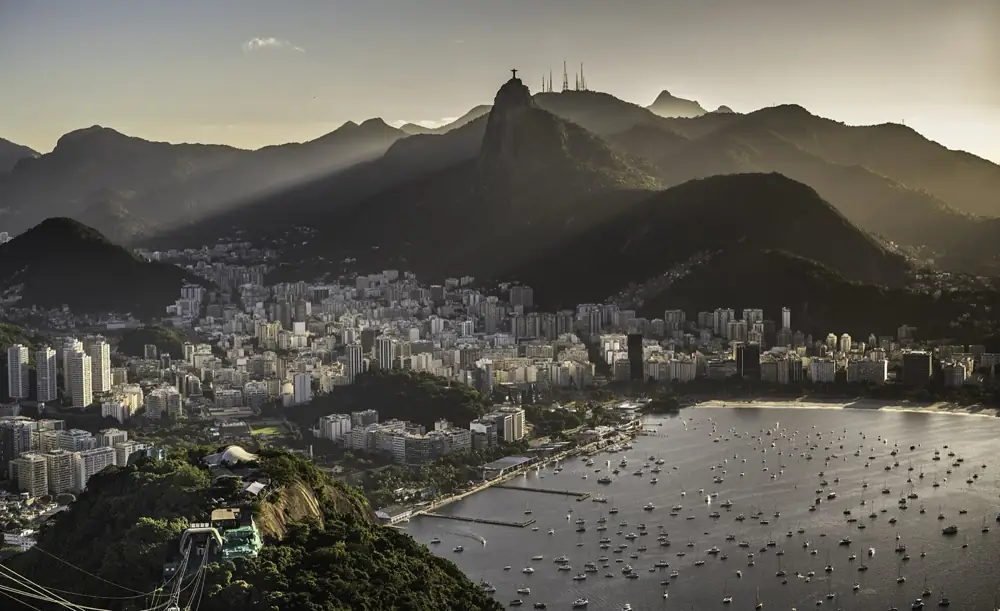 Rio de Janeiro and Sugarloaf Mountain at sunset, seen from above
